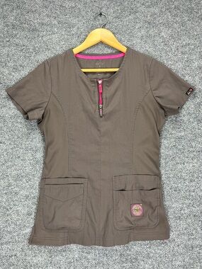 Koi Lite Scrubs Top Women Small Short Sleeve Zip Neckline Brown Grey Slim Fit